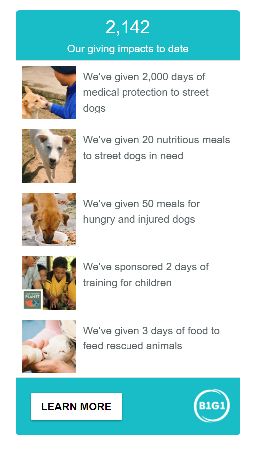ALY Our giving impacts to date We've given 2,000 days of medical protection to street dogs We've given 20 nutritious meals to street dogs in need We've given 50 meals for hungry and injured dogs We've sponsored 2 days of training for children We've given 3 days of food to feed rescued animals LEARN MORE 